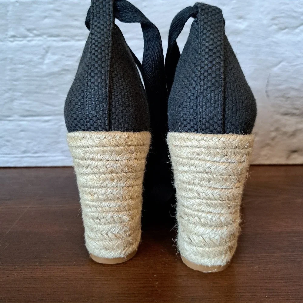 Cole Haan Grand 360 Black Leather Ankle Tie Espadrille Wedge Sandals